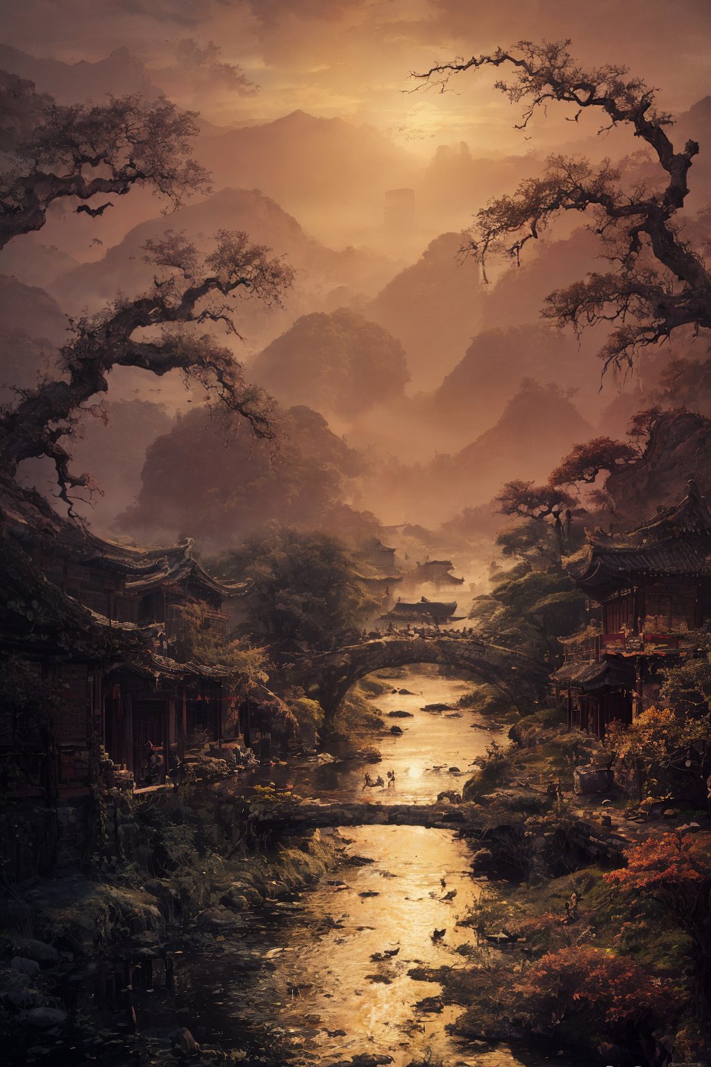 Artistic Calligraphy and Ink, Ancient China,Withered vines and old trees, dim crows,Small bridges and flowing water, people’s houses,The ancient road has a westerly wind and a thin horse.The sun sets in the west,Heartbroken people are at the end of the world.