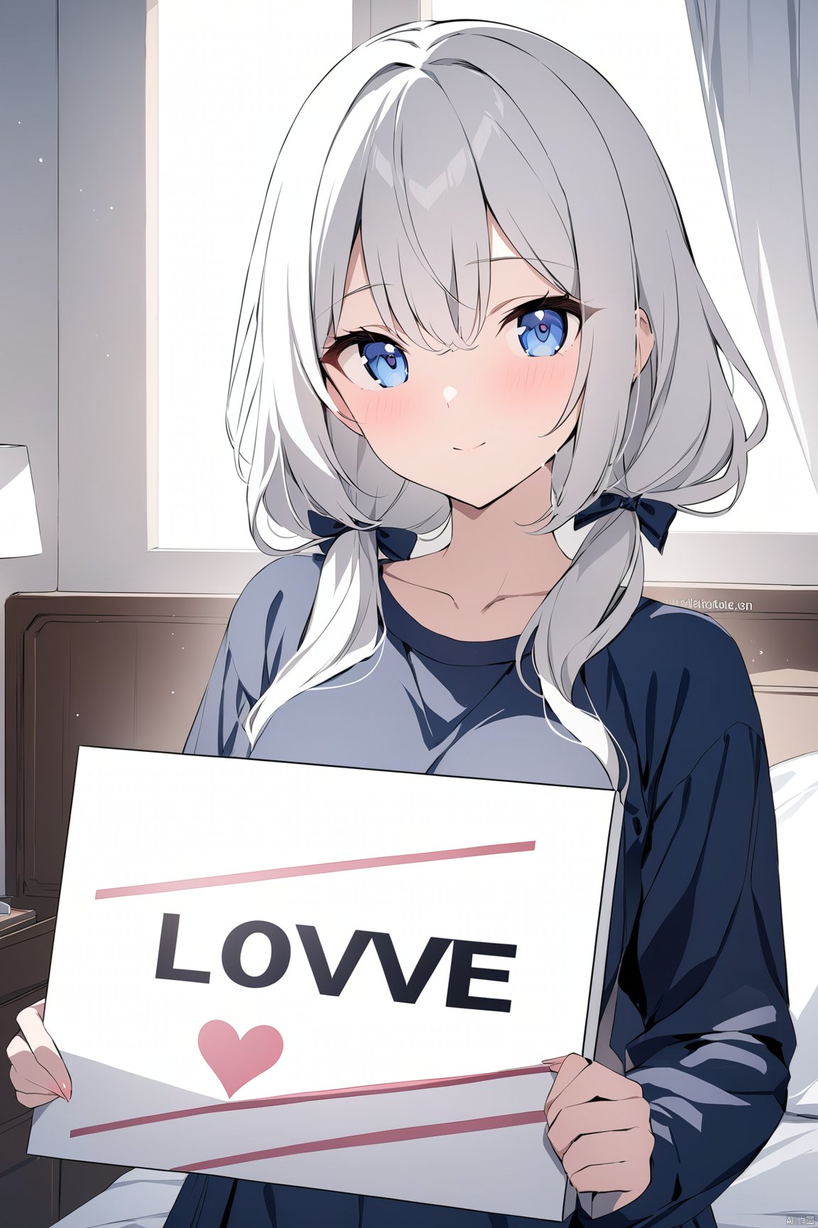 masterpiece, best quality,A lovely anime girl held a sign in her bedroom, which say: “love”