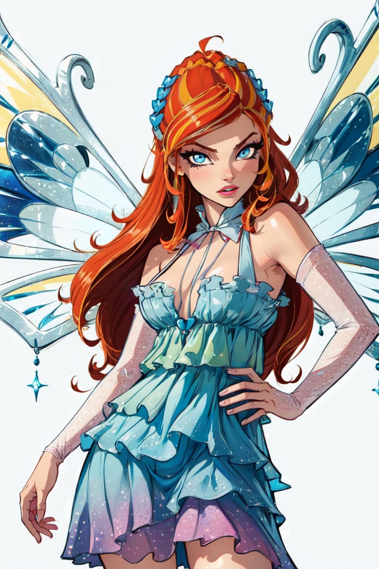 (Bloom:1.2), dress, fairy wings, red hair, blue eyes, sparkling outfit, (white background, solid white background:1.5), (realistic:1.2), (masterpiece:1.2), (full-body-shot:1),(Cowboy-shot:1.2), neon lighting, dark romantic lighting, (highly detailed:1.2),(detailed face:1.2), (gradients), colorful, detailed eyes,, (natural lighting:1.2), solo  <lora:WinxClubEnchantixBloom-10:0.8> <lora:add_detail:0.3> <lora:BeautifulEyes:0.6>