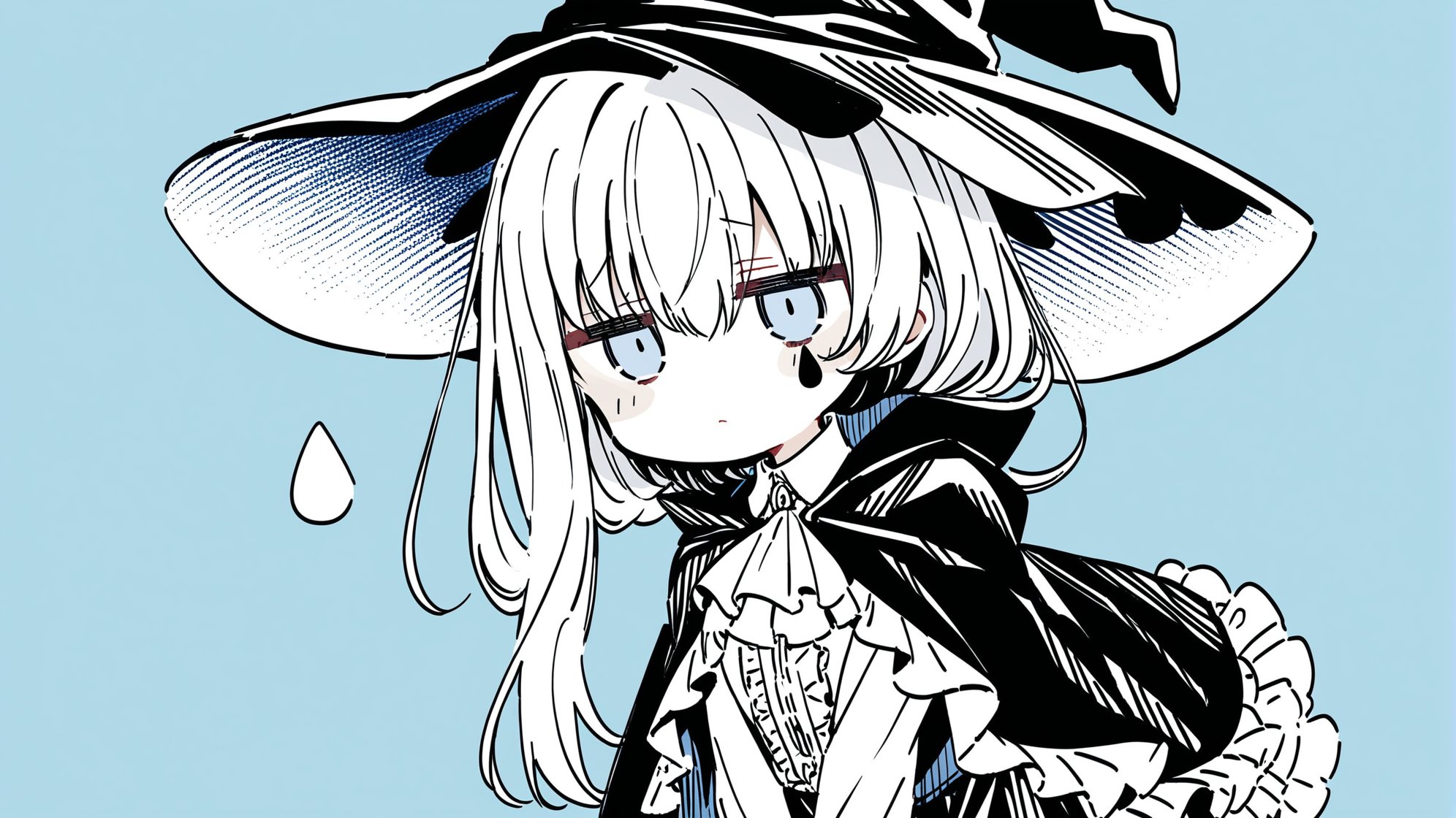 line art,line style,sketch,traditional media,monochrome,blue background,cropped background,tulip,1girl,solo,blue eyes,white hair,hair between eyes,long hair,teardrop facial mark,bags under eyes,witch hat,capelet,frilled shirt,ascot,frilled dress,long sleeves,black leggings,cowboy shot,close-up,(jitome),=_=,half-closed eyes,looking at viewer,:(,v-arms, masterpiece,bestquality,onnk,