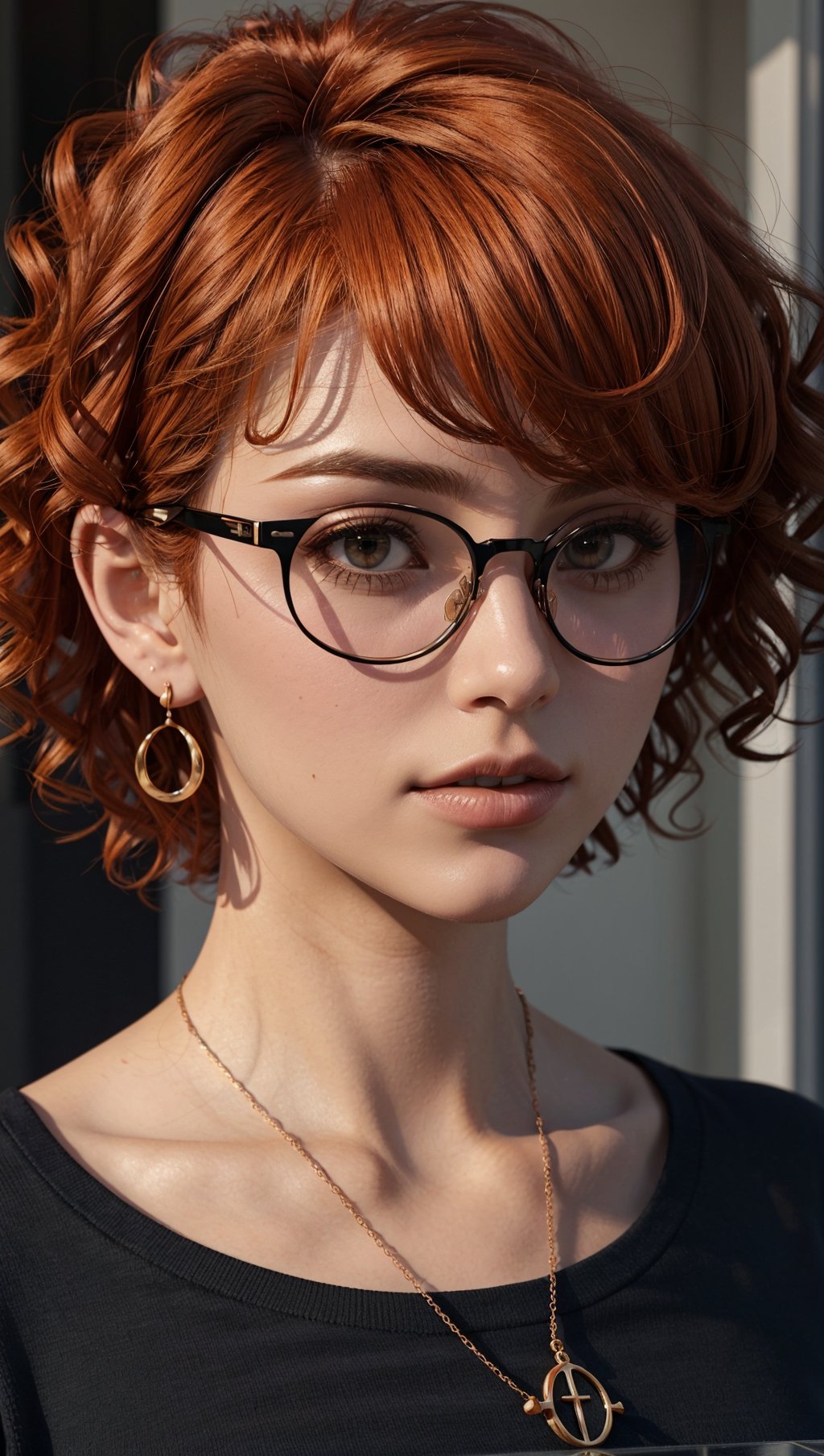 masterpiece,best quality,(3d:1.3),godrays,sunlight,1girl,bangs,black-framed eyewear,breasts,orange hair,(((curly hair))),closed mouth,collarbone,glasses,lips,looking at viewer,nose,round eyewear,shirt,short hair,solo,upper body,spade earrings,spade necklace,