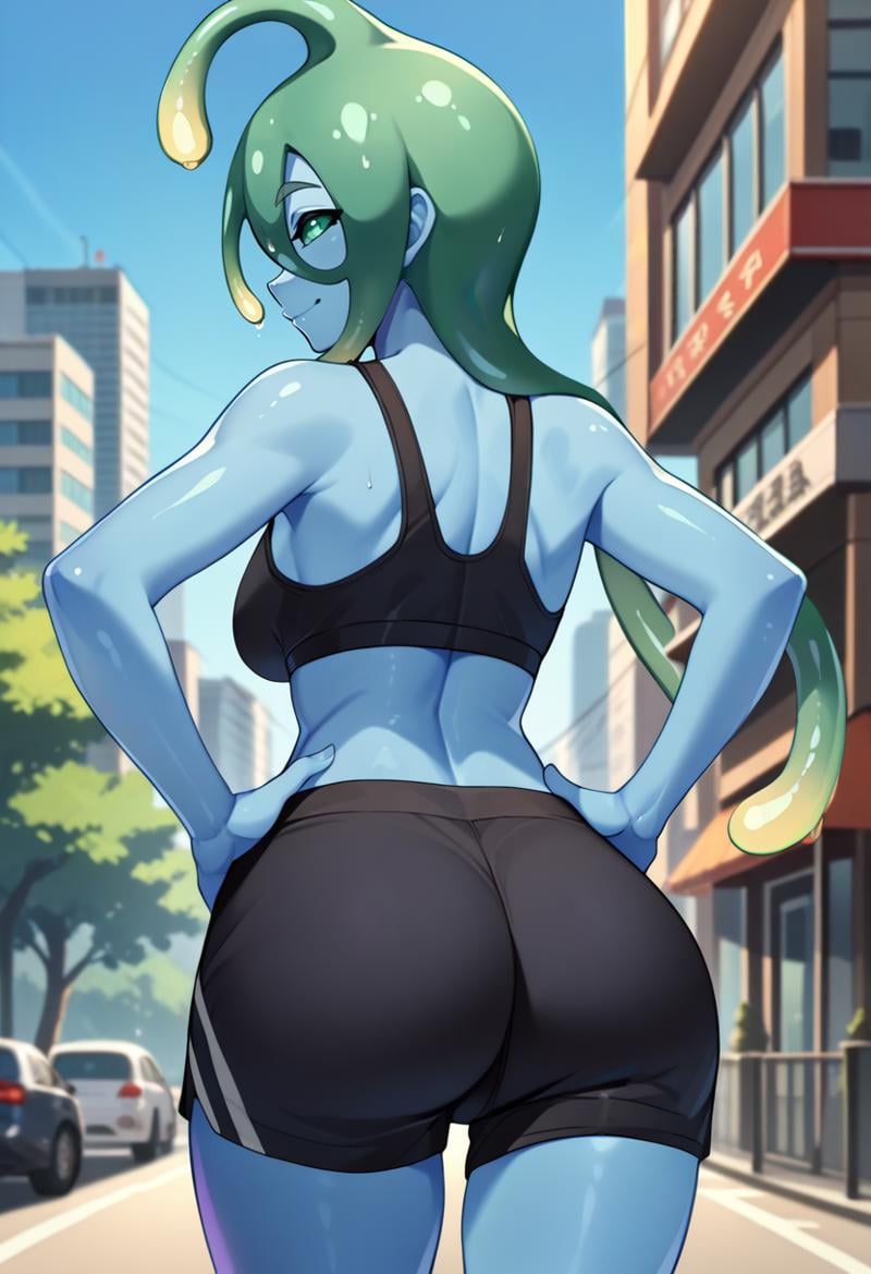 score_9, score_8_up, score_7_up, source_anime, from behind, solo, 1girl, mmsuu, monster girl, slime girl, blue skin, smile, looking back, hands on own hips, tentacle hair, ahoge, black sports bra, black shorts, short shorts, ass, outdoors, city street <lora:monstermusume_suu_ponyXL:1>