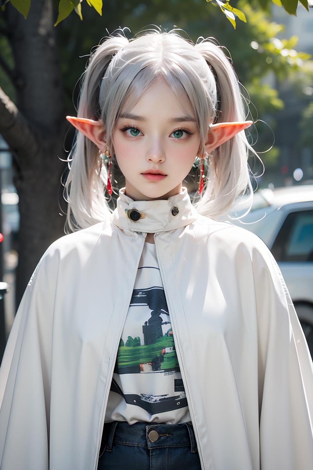 <lora:jingling_009:0.8>,wallpaper,huge filesize,super high resolution,best quality,Photos,4k,ingling,1girl,pointy ears,(green eyes:1.1),solo,twintails,(white hair:1.2),jewelry,long hair,elf,earrings,long sleeves,looking at viewer,bangs,closed mouth,comic,full_shot,cloak,bangs,shirt,white cloak,striped_shirt,