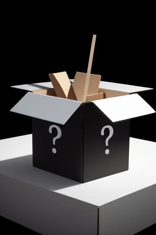 Mystery prize box,  closed box,  black box,  white question mark, dramatic lighting