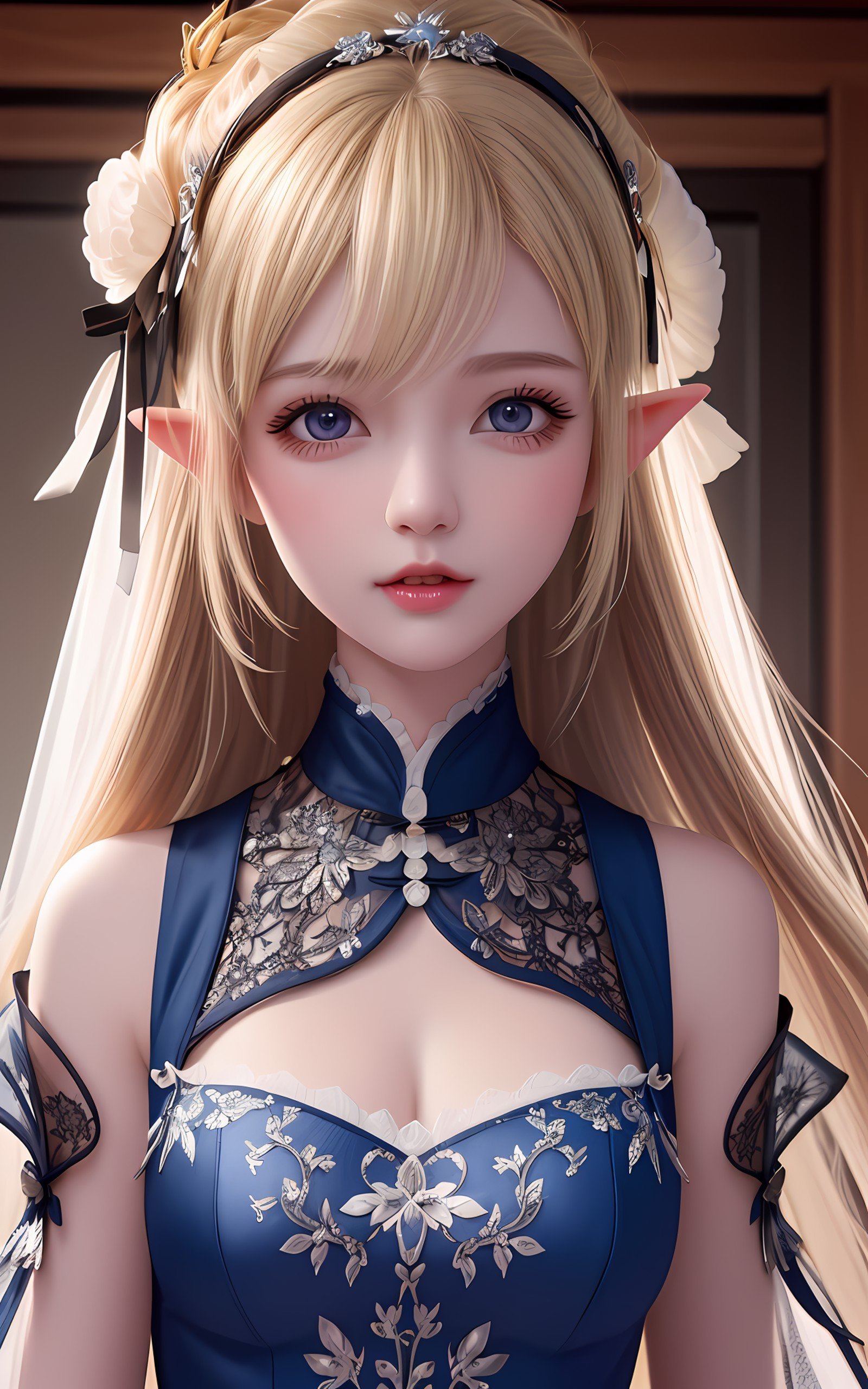 Elf girl,(focus on female),(solo:1.2)，(extremely detailed CG unity 8k wallpaper:1.3),(masterpiece:1.1), (best quality:1.1), (ultra-detailed), (best illustration),(best shadow),illustration, color full ,finely detailed ,dramatic light, intricate details,(Chinese hairstyle),(long hair),((Light blond hair)), beautiful detailed face, Jewelry Eyes, long eyelashes, Pointed ear, kawaii, hyperdetailed gothic clothes with a lot of frills and lace,