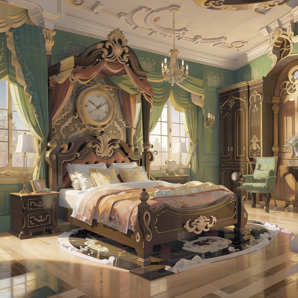 a baroque style bedroom   <lora:bedroomai_LoraV10:0.5>, ((masterpiece)), (((best quality)), ((ultra-detailed)), ((illustration))