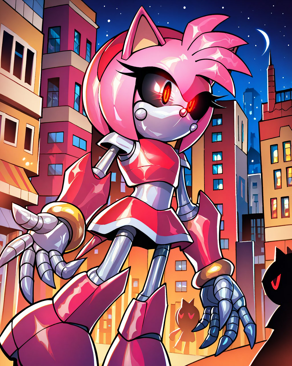 score_9, score_8_up, Amy rose, robot girl, mecha, pink armor, no mouth, metal skin, shiny skin,  black sclera, glowing eyes, smooth shading, night, city  <lora:Robotization_Pony:0.7>, score_9, score_8_up,