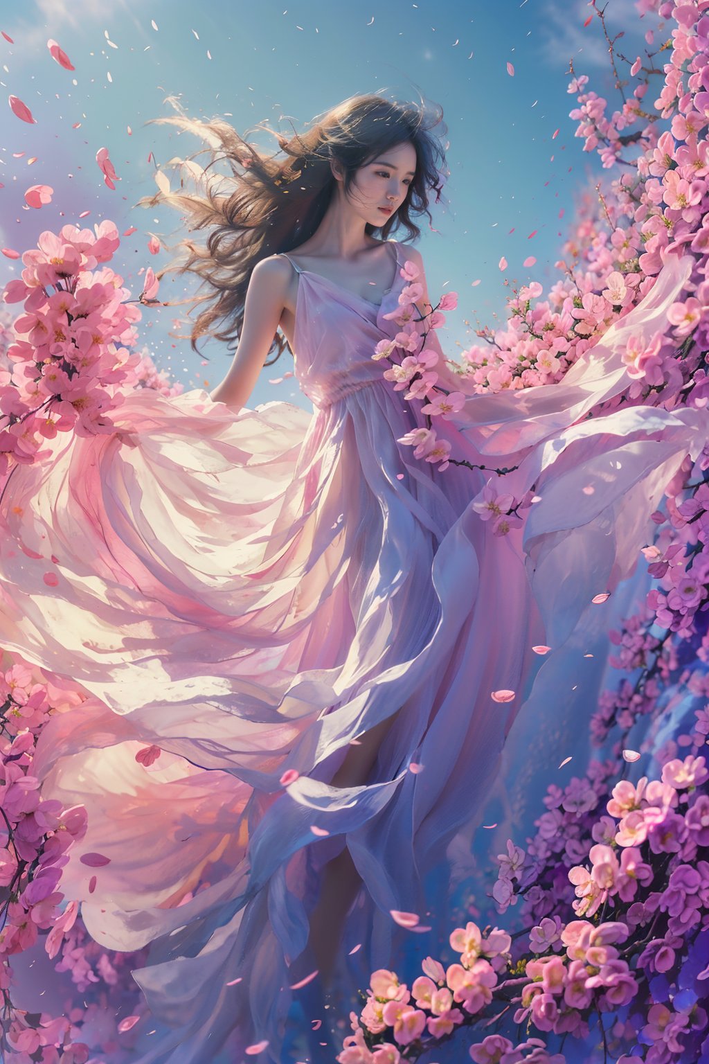 sdmai, fengwu, 1girl, dress, solo, long hair, black hair, white dress, cherry blossoms, flower, wind, petals, sky, pink flower, day