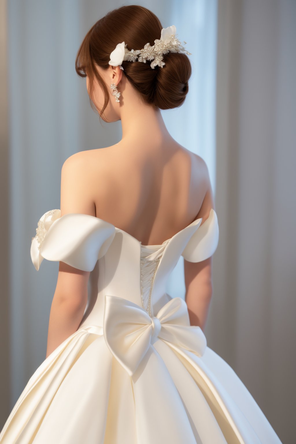 bride, back view, white wedding dress, off-shoulder gown, elegant updo hairstyle, white floral hairpiece, satin bow, dangling crystal accessory, neutral background, soft lighting, shadow profile, brown hair, skin imperfections, natural makeup, masterpiece,best quality,ultra-detailed,