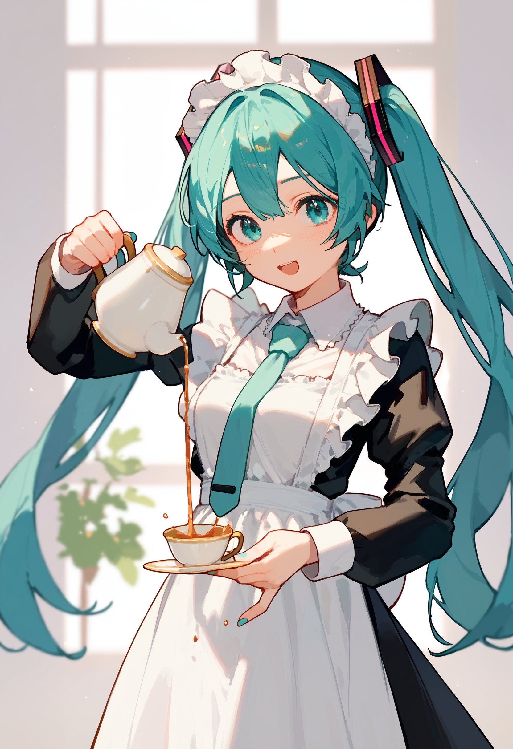 score_9, score_8_up, score_7_up, 1girl, pouring, holding cup, holding teapot, hatsune miku, maid apron<lora:holding_teapot_pouring_3_final_d32:1>