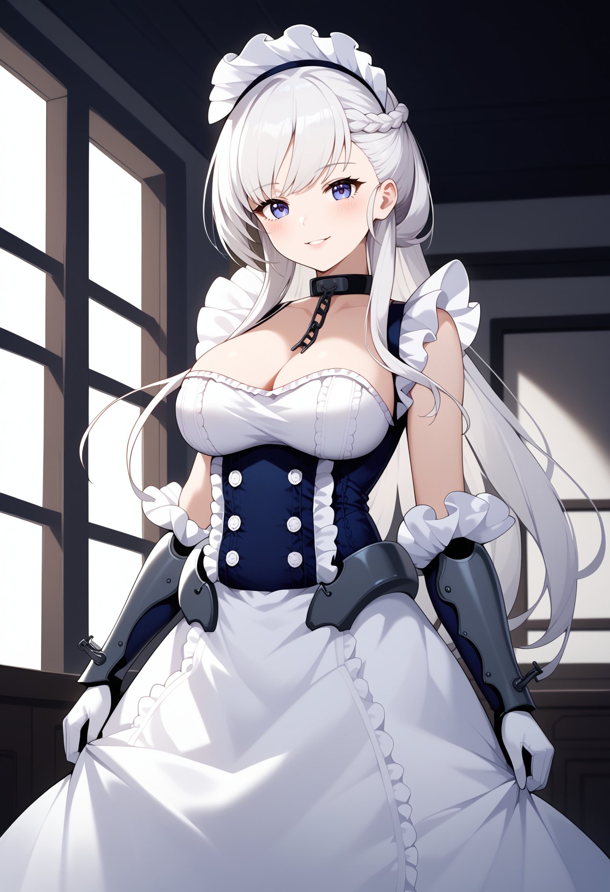 score_9, score_8_up, score_7_up, score_6_up, score_5_up, score_4_up, source_anime, aabelfast, long hair, french braid, maid headdress, collar, chain, collarbone, cleavage, frills, maid, sleeveless, gauntlets, elbow gloves, white gloves, waist apron, white apron, <lora:belfast_(azur_lane)_ponyxl_1:0.9>, standing, cowboy shot, indoors, smile