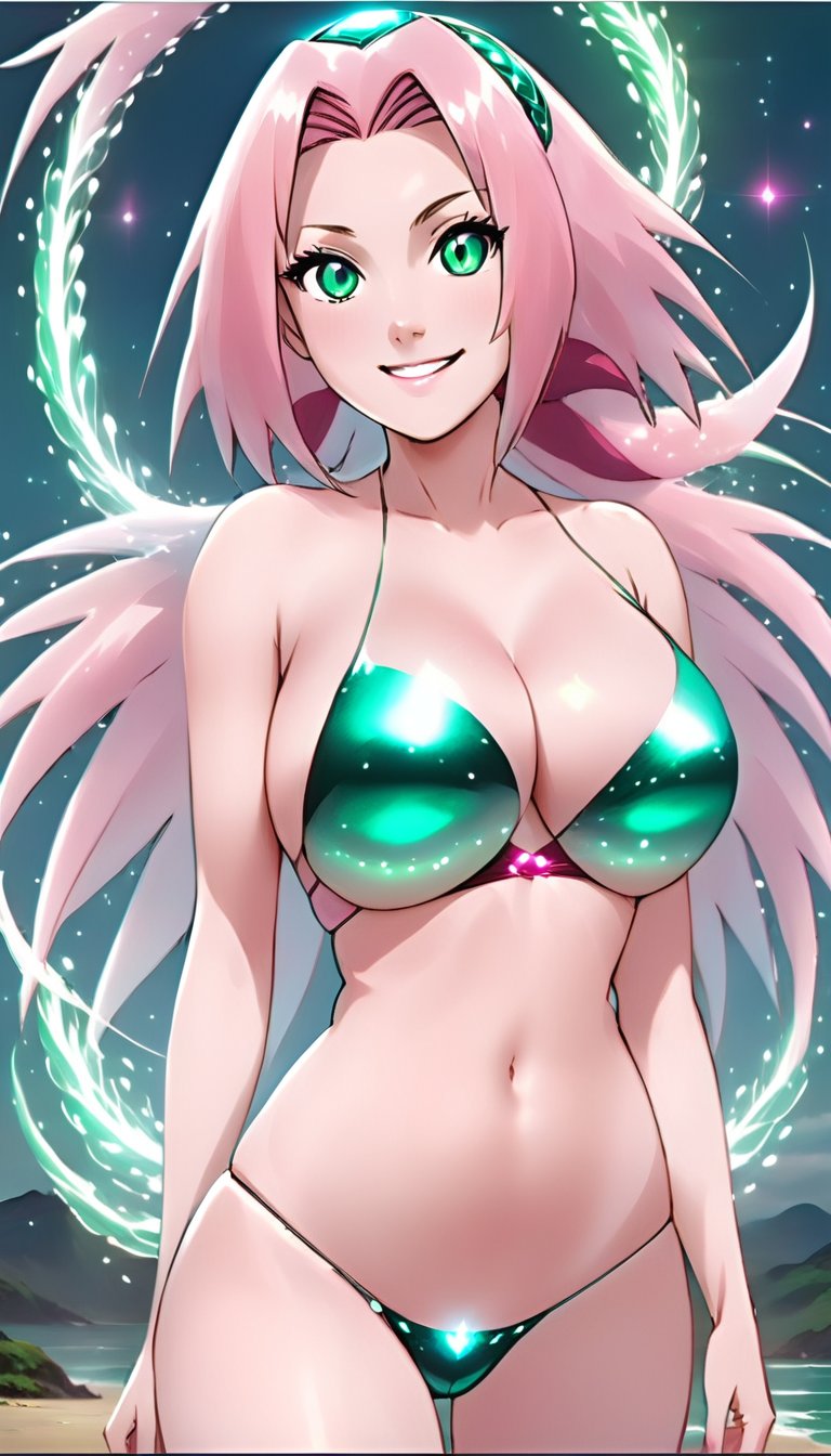 ethereal fantasy concept art of   <lora:SakuraXL:.92>sak_nar, pink hair, green eyes, woman, smiling, bikini <lora:breasts_slider_v10:3>  <lora:xl_n15g_aio_clothing-2.0:1>large breasts <lora:SDXL_Sacred_beast:.3> sacred beast, detailed eyes . magnificent, celestial, ethereal, painterly, epic, majestic, magical, fantasy art, cover art, dreamy