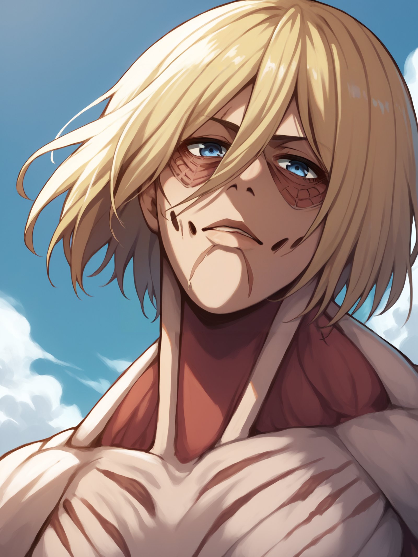 score_9, score_8_up, score_7_up, score_6_up, score_5_up, score_4_up, BREAK, source_cartoon, source_anime,1girl,  female titan, blonde hair, short hair, blue eyes, giantess, muscular, scar,upper body, looking at viewer, solo, simple background   <lora:FemaleTitanXL:1>