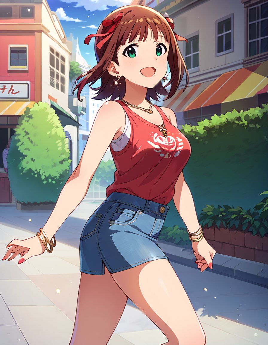 score_9, score_8_up, score_7_up, source_anime,pinup of 1girl, solo, dutch angle,  dating, lovers, walking, joyful, smile, open mouth, (looking at viewer:1.2),outdoors, street,  <lora:AmamiHaruka_pony_v1:0.9>ammhrk, short hair, bangs, brown hair, green eyes, (red hair ribbon:1.2), ribbon, medium hair, casual wear, shirt, miniskirt, denim skirt, thighs,lipstick, earrings, necklace, bracelet, nail polish, detailed eyes, eye refraction,