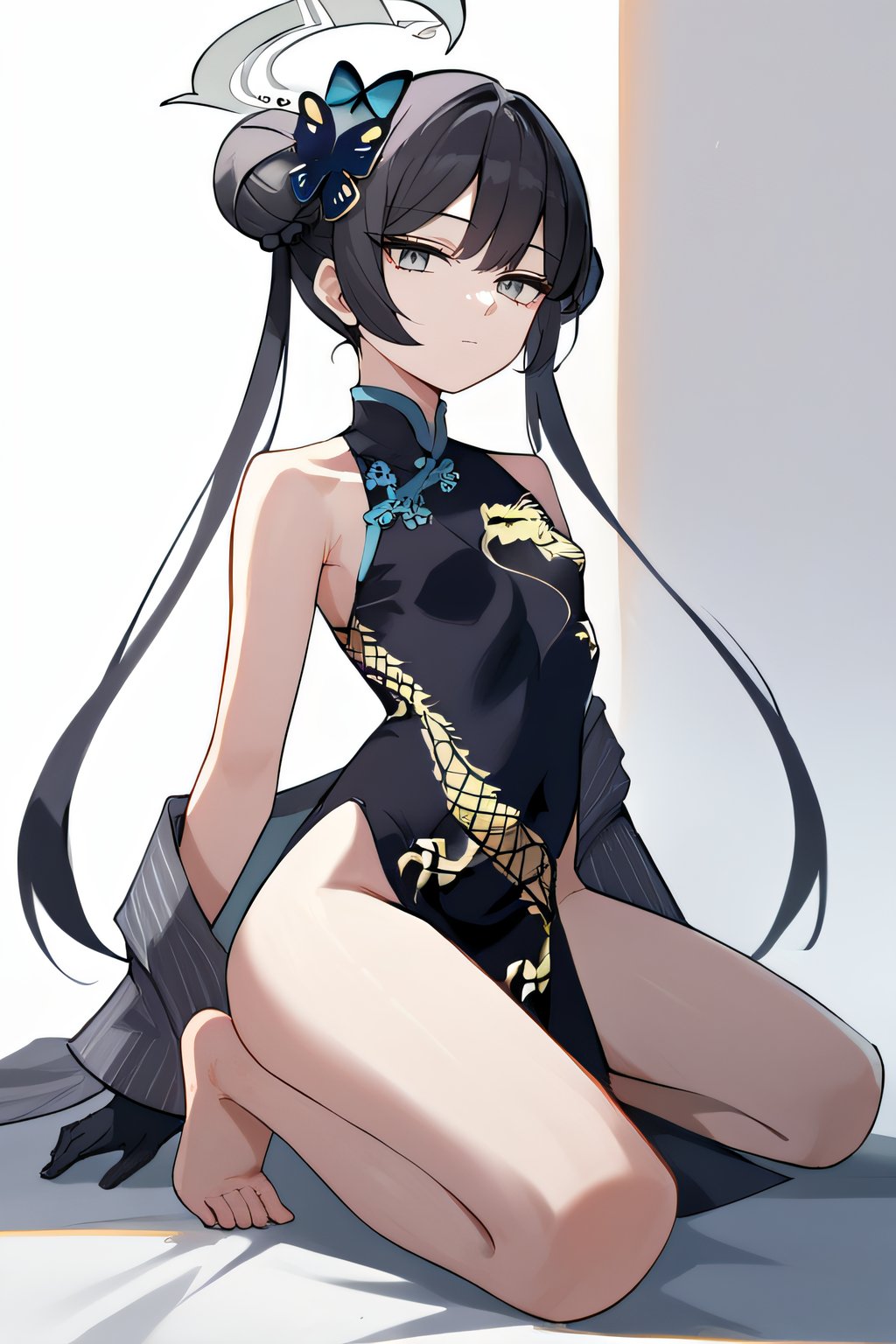 score_9, score_8_up, score_7_up, score_6_up, score_5_up, score_4_up, BREAK source_anime, masterpiece, best quality, ultra quality, <lora:Kisaki:1>, kisaki, black hair, double bun, grey eyes, long hair, bare legs, sleeveless dress, black gloves, black dress, china clothes, looking at viewer, simple background, expressionless, halo, full body, kneeling, barefeet, bare legs