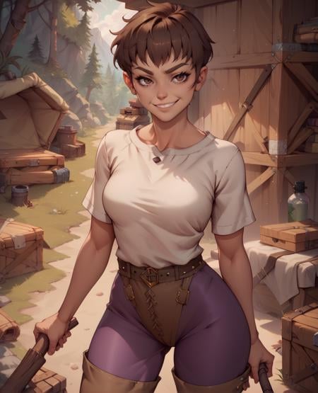 score_9,score_8_up,score_7_up,cascaxl,brown eyes,brown hair,short hair,whiteplain tunic,curvy,purple leather pants,brown underwear,brown thigh boots,belt,smirk,standing,camp,supplies,crates,outdoors,<lora:cascaXL:0.9>,mid shot,