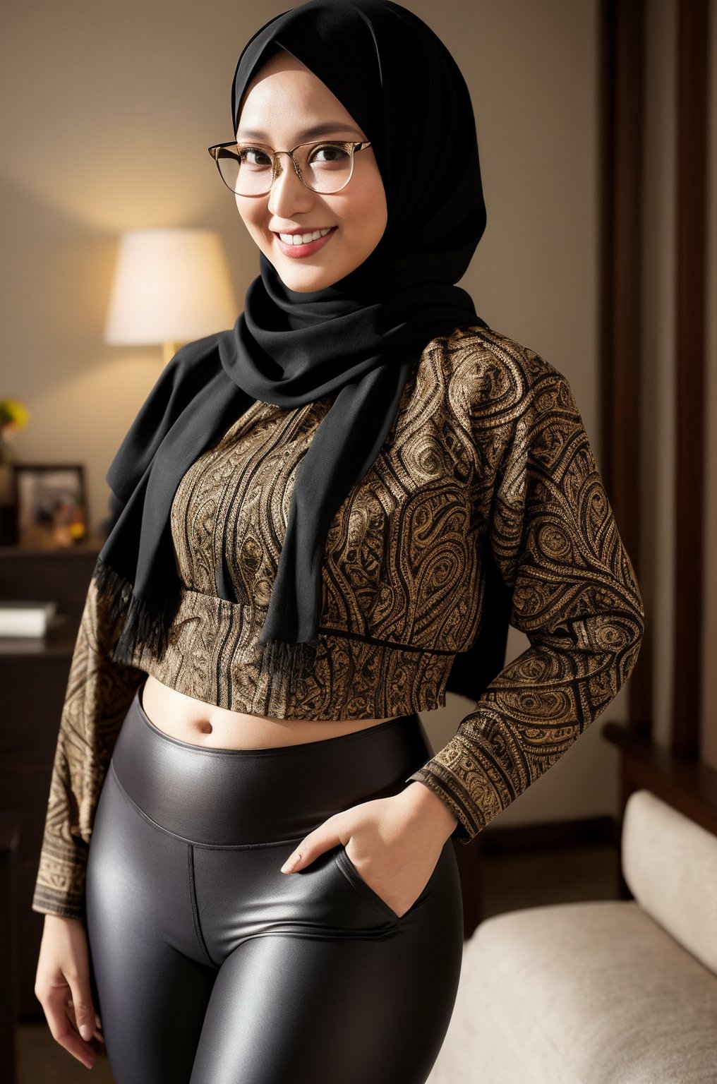 1girl, javabatik, brown and black batik, pattern batik, super realistic 3/4 shot, passionate pose, professional photography portrait of a 30 year old hijab woman in the luxury room, very realistic skin, cinematic lighting, very original batik fabric details, glasses, holding a waist, super thin and transparent leggings, long sleeve striped t-shirt, (big hips: 1.2), smiling, looking at the camera, (masterpiece :1.0), (best quality: 1.0), beautiful, (intricate details), unity 8k wallpaper, very detailed and really brightens up the realistic room, <lora:javabatik_1:0,8>