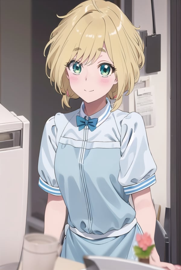 yuinishida, <lora:yui nishida s1-lora-nochekaiser:1>,yui nishida, short hair, blonde hair, (green eyes:1.3), ahoge, blush, blush sticker, smile,BREAK shirt, bow, short sleeves, puffy sleeves, apron, blue shirt, name tag, waitress,BREAK indoors, restaurant,BREAK looking at viewer, (cowboy shot:1.5),BREAK <lyco:GoodHands-beta2:1>, (masterpiece:1.2), best quality, high resolution, unity 8k wallpaper, (illustration:0.8), (beautiful detailed eyes:1.6), extremely detailed face, perfect lighting, extremely detailed CG, (perfect hands, perfect anatomy),