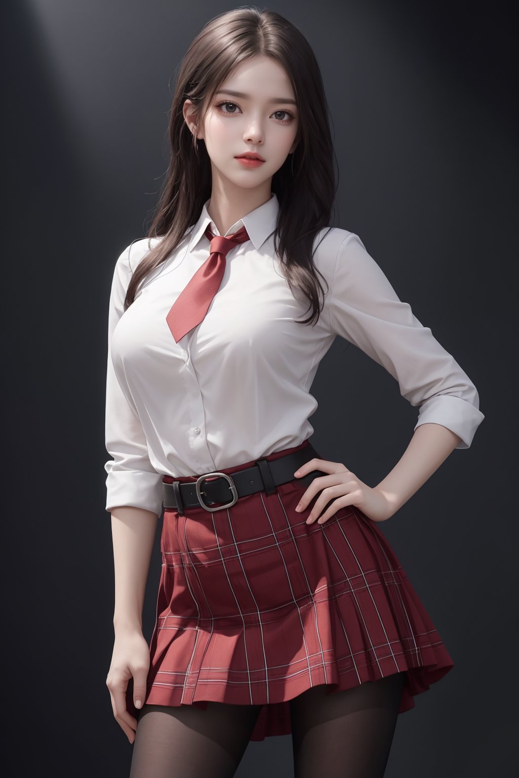 masterpiece,best quality,official art,extremely detailed CG unity 8k wallpaper,realistic,light rays,light particles,1girl,solo,skirt,pantyhose,plaid skirt,black hair,long  hair,pantyhose,standing,day,(simple background:1.2),necktie,dynamic pose,looking at viewer,cowboy shot,breasts,hand on hip,belt,lips, <lora:jk美女:0.8>