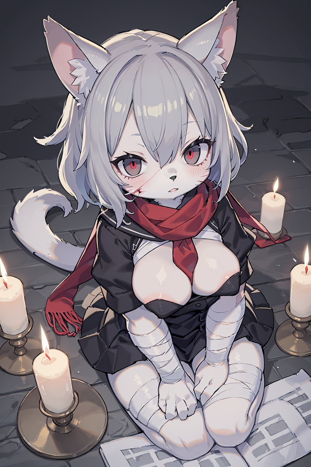 ((masterpiece, best quality)),furry, animal ears,  tail, bodyfur, 1girl, bandaged_arm, bandages, bangs, blood, grey_hair, breasts,  cuts, hair_between_eyes,  injury, looking_at_viewer, medium_breasts, parted_lips, red_eyes, short_hair, solo, stitches, church, multicolored background, from above, candlelight, red scarf, school uniform, candle, candlestand, (black sword), 