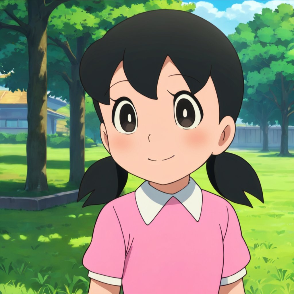 minamoto shizuka,1girl, solo,1girl, solo, twintails, black hair, skirt, smile, outdoors, shirt, blue skirt, looking at viewer, black eyes, pleated skirt, short sleeves, pink shirt, blush, closed mouth, day, tree, collared shirt, short twintails, low twintails, upper body, grass,child,masterpiece, perfect face, best quality, beautiful eyes, shiny eyes, anime coloring, anime screencap, absurdres, award winning,masterpiece, perfect face, best quality, beautiful girl, cute girl, beautiful eyes, shiny eyes, anime coloring, anime screencap, absurdres,  <lora:minamoto shizuka anyt 905:0.8>