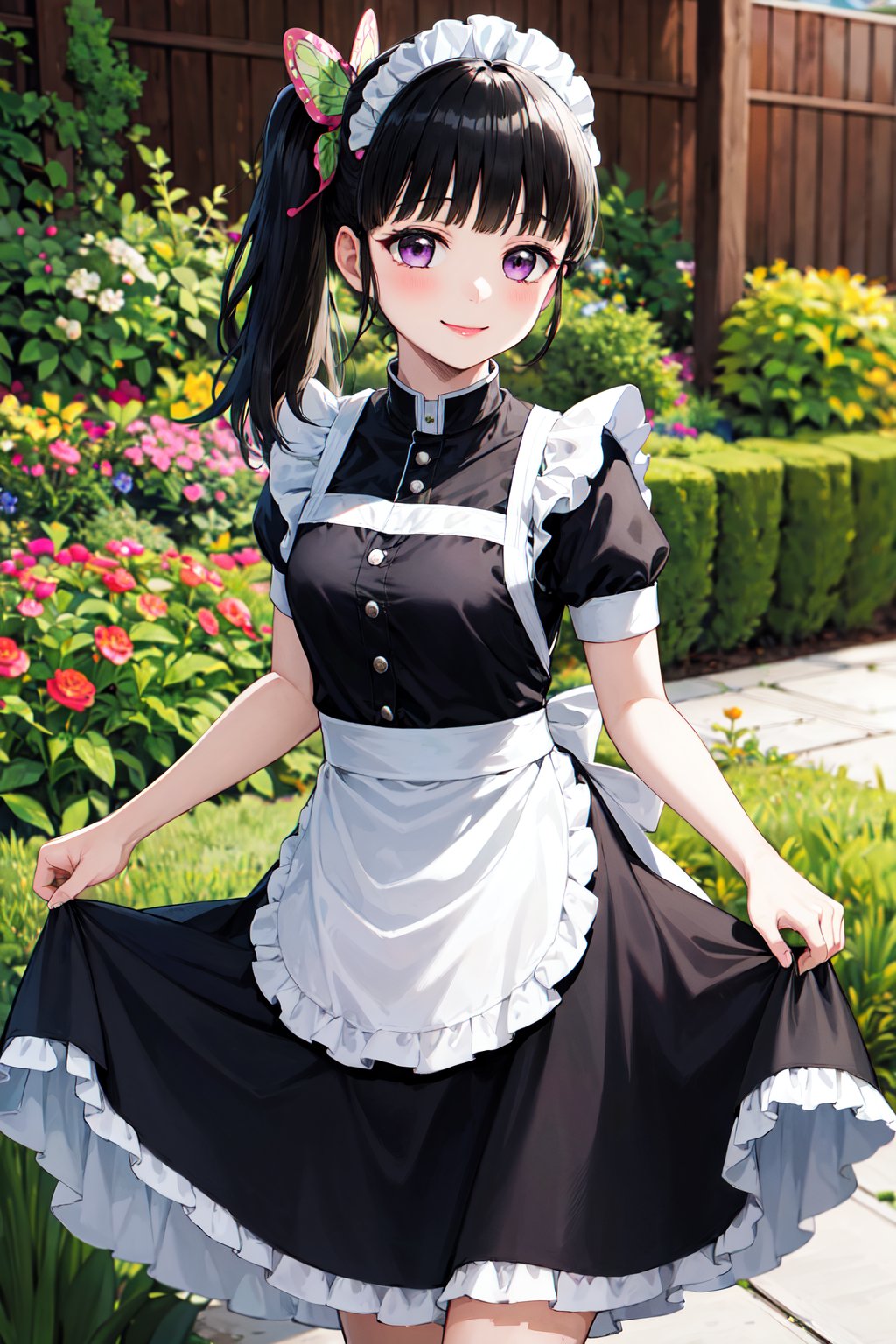 masterpiece, best quality, highres, aakanao, long hair, side ponytail, hair ornament, <lora:tsuyuri_kanao_v1:0.8>, maid, maid headdress, apron, black dress, skirt hold, smile, garden, standing,