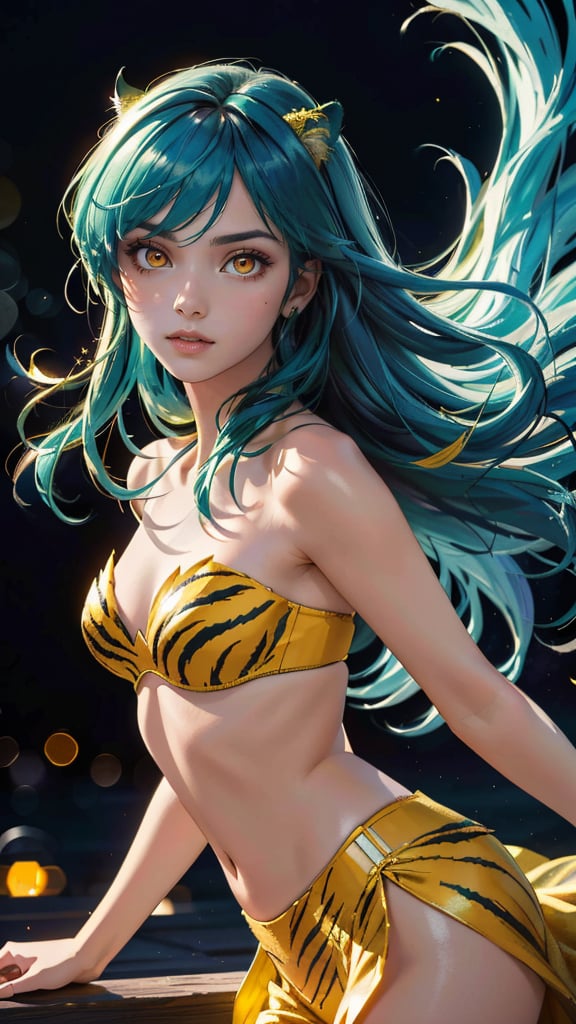 (best quality, masterpiece, colorful, dynamic angle, realistic)\Lum\, upper body photo, fashion photography of cute, intense long green hair, orange eyes, tiger print, strapless bikini, yellow boots, yellow little horns, small horns, \Lum\, <lora:lum4:0.6>  (ultrahigh resolution textures), in dynamic pose, bokeh, (intricate details, hyperdetailed:1.15), moonlight passing through hair, perfect night, (fantasy background), (official art, extreme detailed, highest detailed), HDR+