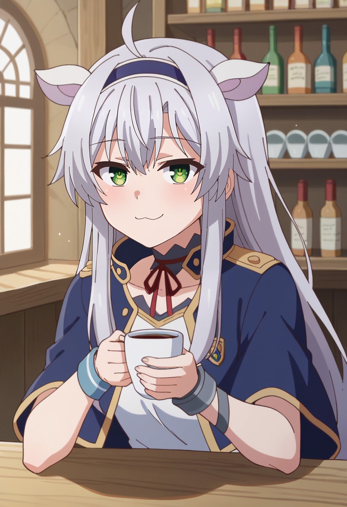 score_9, score_8_up, score_7_up, source_anime, <lora:Rokuaka_SistineFibelXL:0.8>, SistineFibel,1girl, solo, closed mouth, smug,grey hair, green eyes, long hair, ahoge, animal ears, hairband,SistineSchool, blue capelet, choker, red ribbon, single wrist cuff,looking at the viewer, (close-up:1.2), holding cup,indoors, medieval, fantasy, cafe, sunlight