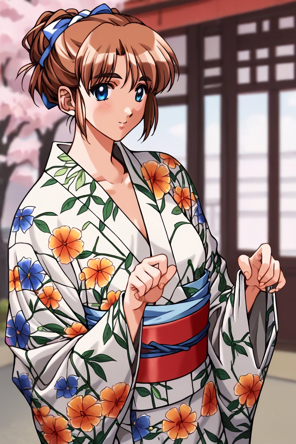 score_9, score_8_up, score_7_up, score_6_up, score_5_up, score_4_up, source_anime, nsfw,kobayakawa mizuho, 1girl, blue eyes, brown hair, hair bun, solo, mizuho_yukata, yukata, sash, obi, kimono,masterpiece, perfect face, best quality, beautiful girl, blurry background, cute girl, beautiful eyes, shiny eyes, anime coloring, anime screencap, absurdres,  <lora:kobayakawa mizuho hoseki 820 1:0.8>