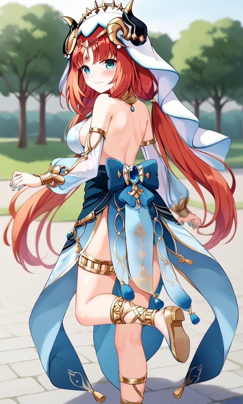 <lora:sdxl-gen-nilou-pony:0.8> gen-nilou, GenshinImpact, 1girl ,aqua eyes, eyeliner, orangered hair, shiny hair, horns, long hair, low twintails, parted bangs, sidelocks, medium breasts, blue nails, circlet, thighlet , neck ring +++ see-through veil, blue gemstone, white headwear, brooch, lightblue harem outfit, puffy long sleeves, bare shoulders, detached sleeves, gold trim, blue skirt+++ smile, (troubled eyebrows:0.6), wavy mouth, +++ leg up, From a Distance, looking back, fullbody, cinematic lighting, Sculpture Park