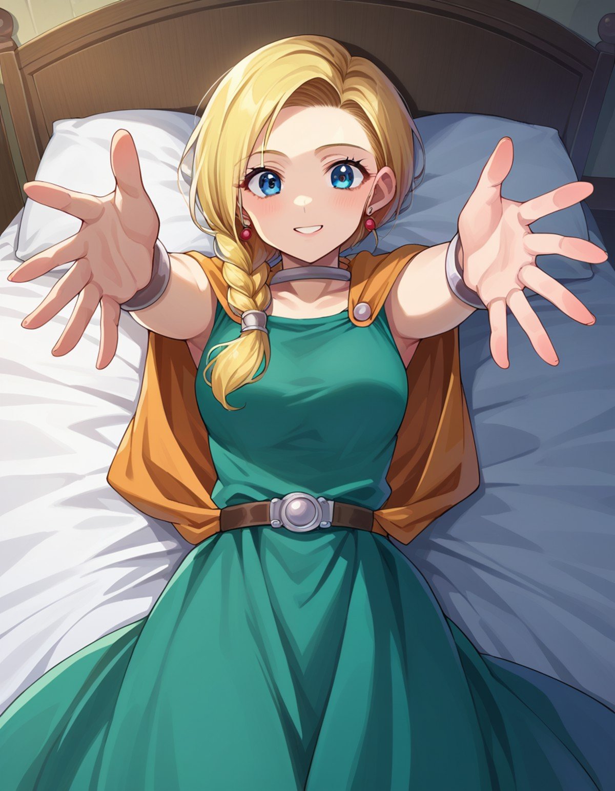 score_9, score_8_up, score_7_up, source_anime,dqbianca, <lora:dq-bianca-ponyxl-lora-nochekaiser:1>,bianca, blonde hair, blue eyes, braid, braided ponytail, long hair, smile,belt, brown belt, cape, dress, earrings, jewelry, green dress,indoors, bed, bed room, on back, arm support, arms up, incoming hug, pov, reaching, reaching towards viewer,looking at viewer, dutch angle, cowboy shot,