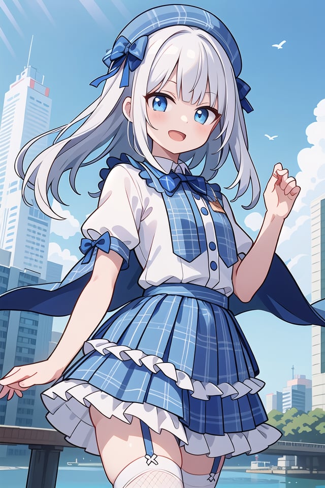 (cleavage:-1.5), insanely detailed, absurdres, ultra-highres, ultra-detailed, best quality,1girl, solo, nice hands, perfect hands,BREAK(gothic drress, Idol costume:1.3), (blue and white theme:1.2), (white blouse:1.4), (white collar, tie:1.3), (open short-cape:1.3), (short sleeve:1.2), (blue tartan-check pattern (ruffle-skirt, multilayer-skirt):1.4), (white basque-beret with ribbon:1.3), (Fishnet stockings:1.3), (glove:1.2), (cleavage:-1.5)BREAKhappy smile, laugh, open mouth,standing,own hands together,cowboy shot,BREAKslender, kawaii, perfect symmetrical face, ultra cute girl, ultra cute face, ultra detailed eyes, ultra detailed hair, ultra cute, ultra beautiful,BREAKcityscape in tokyo, ultra detailed background, blue sky, bay side, panorama view,medium breasts, white hair, blue eyes