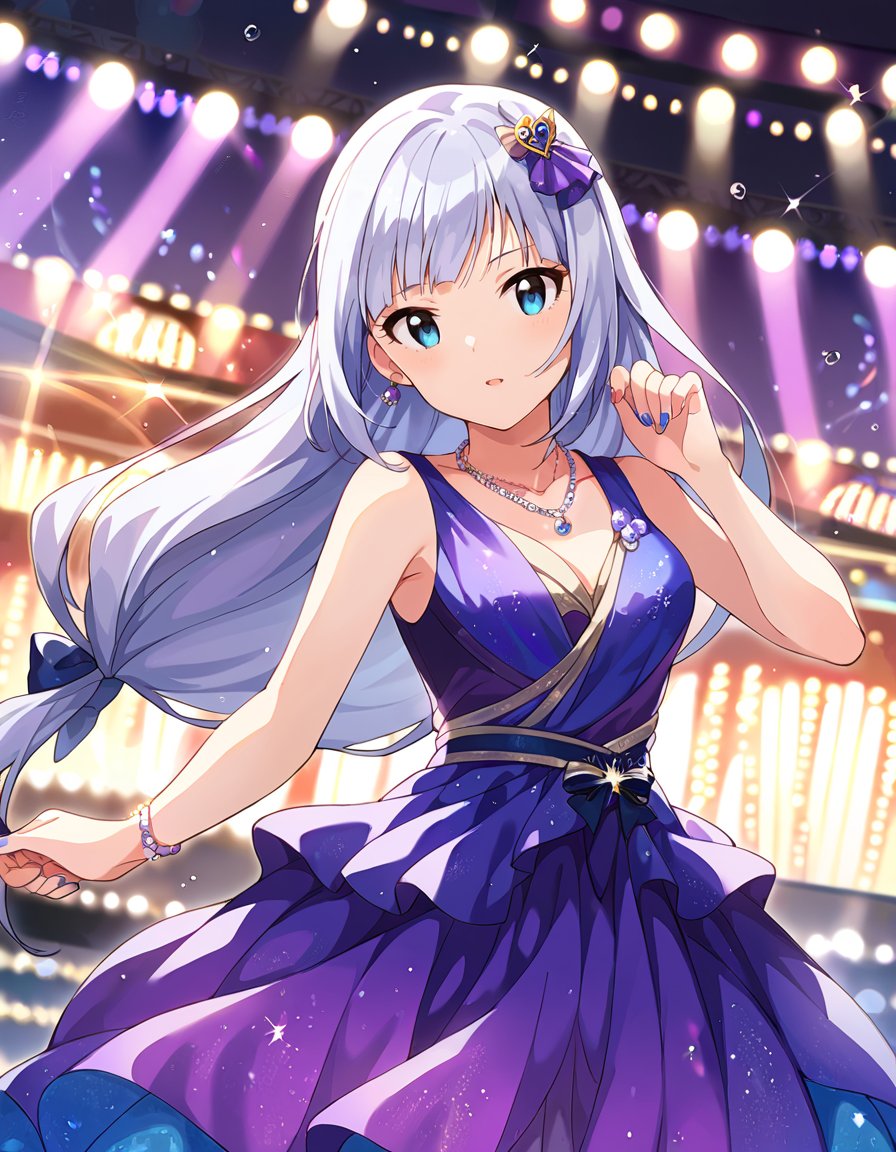 score_9, score_8_up, score_7_up, source_anime,1girl, solo, idol concert, singing on stage, looking at viewer,  purple theme, live theater, illumination, large television, stage lights, light particles,  <lora:ShiraishiTumugi_pony_v1:0.9>sristmg, very long hair, blue hair, grey hair,  low-tied long hair, hair ornament, bangs, blue eyes, medium breasts, small breasts,idol clothes, purple dress, luxury, detailed embroidery, hair bow, necklace, necklace, nail polish, 