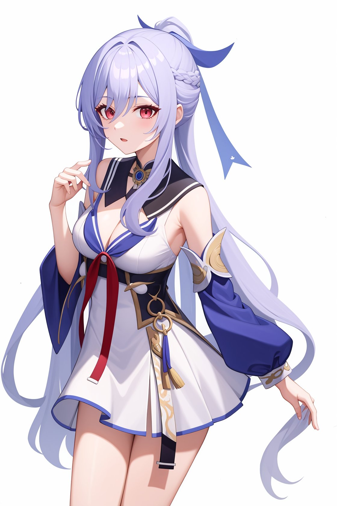 <lora:镜流v4:1:lbw=char>,jingliu,1girl,solo,bangs,bare shoulders,high quality,detached sleeves,cleavage,ponytail,school uniform,sailor dress,, (masterpiece,best quality:1.2),absurdres, high quality,