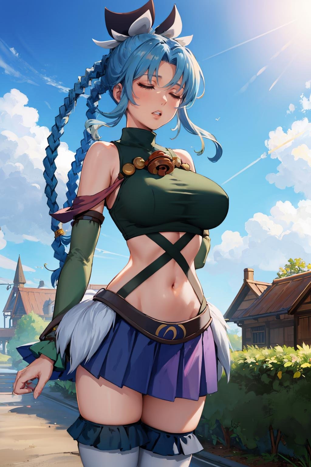 masterpiece, best quality,  <lora:mishera-nvwls-v1-000009:1> mishera, closed eyes, braid, hair ornament, hair ribbon, crop top, purple skirt, detached sleeves, green thighhighs, large breasts, standing, worried, clenched teeth, sky, dutch angle