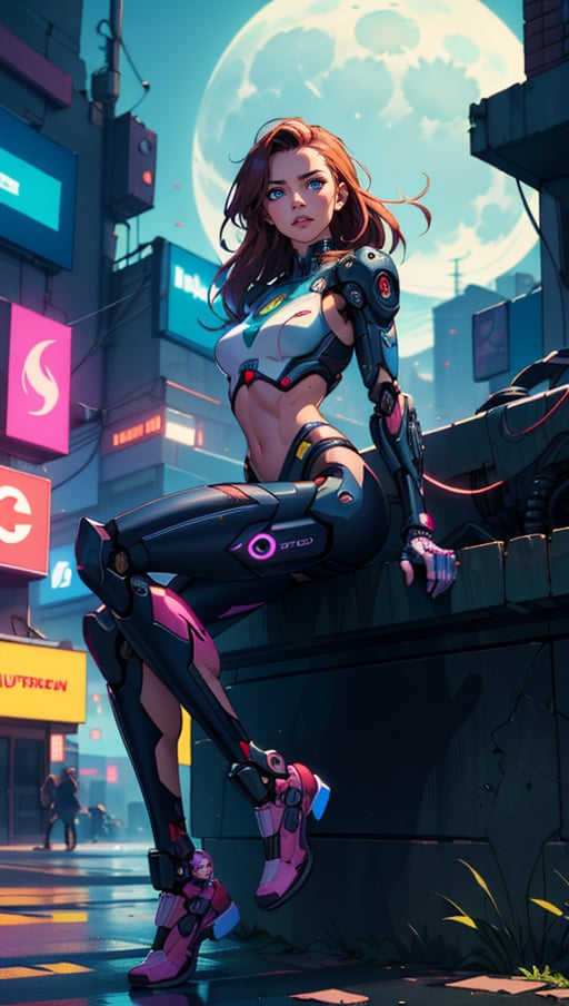 (best quality, masterpiece, highres:1.2)full body photo, 1girl, mechanical arms, cyborg, dark mood, dystopia, glowing, looking at viewer, sitting, long hair, bokeh (intricate details, hyperdetailed:1.15), detailed, moonlight passing through hair, (official cyberpunk art, extreme detailed, ), HDR+