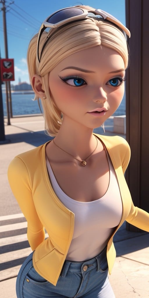 Hyperrealistic, photorealistic, super detailed, (unbuttoned yellow jacket), (white T-shirt), white jeans, expressive brilliant cobalt blue eyes, perfect face, pale pink lips, light honey blonde hair, hair parted in the middle while pulled back into a high ponytail held in place by a white hair tie, pale light grayish cerulean eye-shadow, light scarlet blush, pale, light pink lipgloss, body like in real life, large pores, fair skin, slender, beautiful arms, very little very flat breasts, unreal engine, octane render, droped shadow, bokeh, cinematic lighting, <lora:add_detail:0.5>, <lora:Volumetric_lighting:0.6>, Chloe Bourgeois, , <lora:a24b2644-9452-483e-9fb6-638ba1ae90ac:0.7>