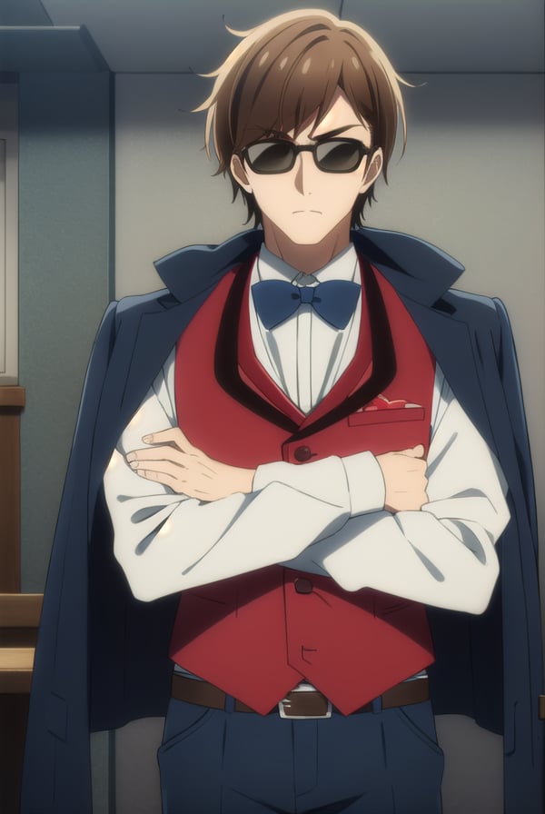 koutaroutatsumi, <lora:koutarou tatsumi s2-lora-nochekaiser:1>,koutarou tatsumi, short hair, brown hair, male focus, sunglasses,BREAK shirt, long sleeves, bow, jacket, white shirt, collared shirt, belt, pants, bowtie, vest, black bow, blue bow, blue jacket, jacket on shoulders, blue pants, blue bowtie, (red vest:1.5),BREAK outdoors,BREAK looking at viewer, (cowboy shot:1.5),BREAK <lyco:GoodHands-beta2:1>, (masterpiece:1.2), best quality, high resolution, unity 8k wallpaper, (illustration:0.8), (beautiful detailed eyes:1.6), extremely detailed face, perfect lighting, extremely detailed CG, (perfect hands, perfect anatomy),