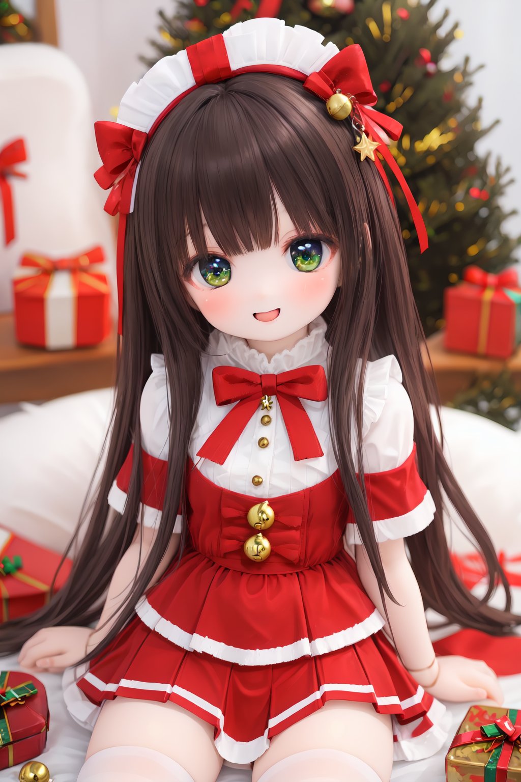 1girl,bell,black_hair,black_skirt,box,candy_cane,christmas,christmas_ornaments,christmas_tree,food,gift,gift_box,hair_ribbon,heart,holding_gift,long_hair,looking_at_viewer,merry_christmas,pleated_skirt,ponytail,(fate\),short_sleeves,skirt,smile,solo,s,starfish,thighhighs,white_legwear,white_shirt,zettai_ryouiki,BJD,DOLL,<lora:doll-v1:0.5>,