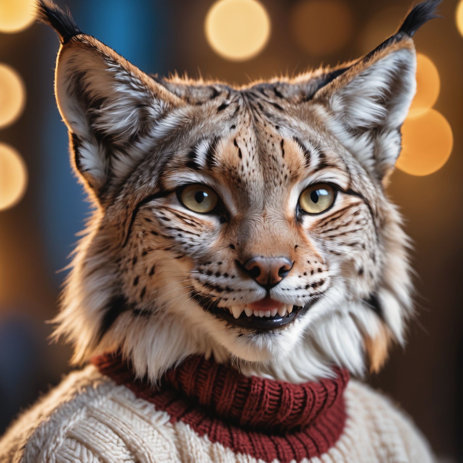 detailed closeup photo of a lynx wearing a wool sweater, fangs, smiling, high quality photography, 3 point lighting, flash with softbox, 4k, Canon EOS R3, hdr, smooth, sharp focus, high resolution, award winning photo, 80mm, f2.8, bokeh