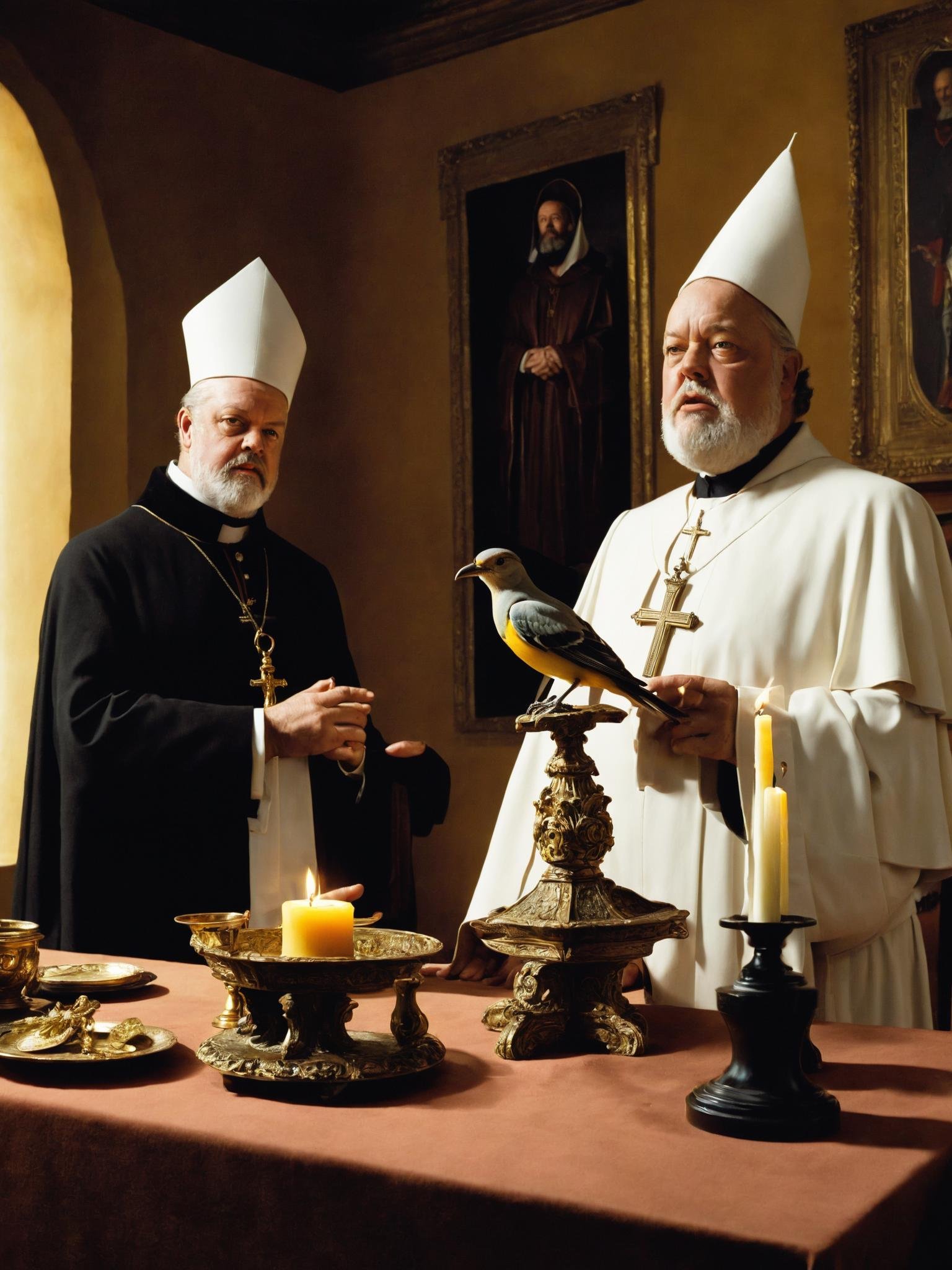 two priests standing in front of a table with a bird on it , hat, standing, male focus, multiple boys, wings, indoors, facial hair, table, cross, beard, robe, realistic, candle, statue, painting (object), fine art parody, candlestand, priest, mitre, Orson Welles, Rodrigo Prieto , <lora:Movie_aesthetic_XL:1>