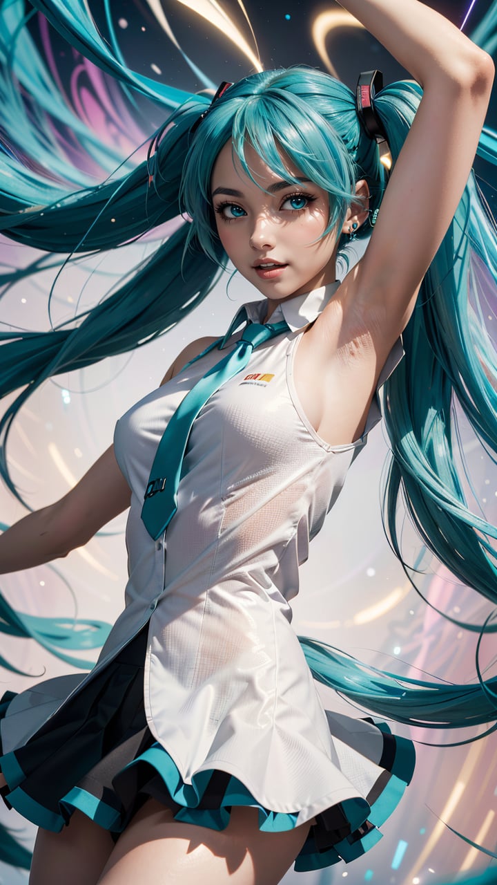 (best quality, masterpiece, colorful, dynamic angle, highest detailed) \Hatsune Miku\, upper body shot, fashion photography of cute, intense long hair, (Hatsune Miku), dancing pose, (ultrahigh resolution textures), bokeh, light passing through hair, (abstract background:1.3)(official art)