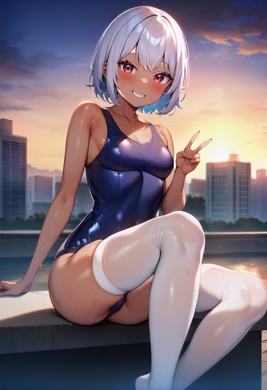 masterpiece,best quality, very aesthetic, absurdres,1girl,qsuku,blue qsuku,tan,shiny,wet,light smile,white hair,red eyes,short hair,small breasts,looking at viewer,<lora:qsuku5_50:1>,sunlight, cloudy sky, sun, building ,white thighhighs,v,<lora:qsukuSDXL_v2:1>,twilight, sitting