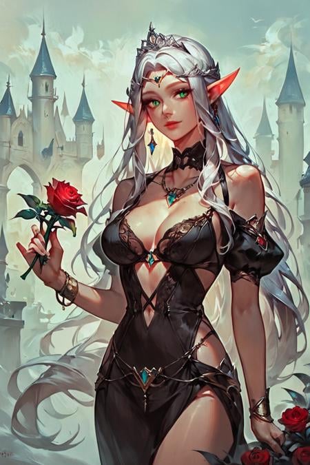 score_9, score_8_up, score_7_up, rating_safe, 1girl, solo, elf, pointy ears, breasts, long hair, very long hair, white hair, green eyes, portrait, looking at viewer, black dress, tiara, silver tiara, holding, holding flower, rose, red rose, necklace, jewelry, cowboy shot, standing, outdoors, castle <lora:Concept Art 2 Style LoRA_Pony XL v6:1>