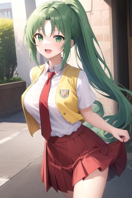 ((masterpiece)),(best quality),official art,extremely detailed CG,unity 8k wallpaper,ultra detailed,beautiful detailed eyes,extremely detailed face,1girl,solo,cowboy shot,looking at viewer,facing viewer,:d,sonozaki mion,long hair,green hair,high ponytail,parted bangs,green eyes,open mouth,yellow vest,cropped vest,open clothes,collared shirt,red necktie,white shirt,short sleeves,large breasts,tight,red skirt,long skirt,white socks,loafers,<lora:Sonozaki Mion(hnnk)>,