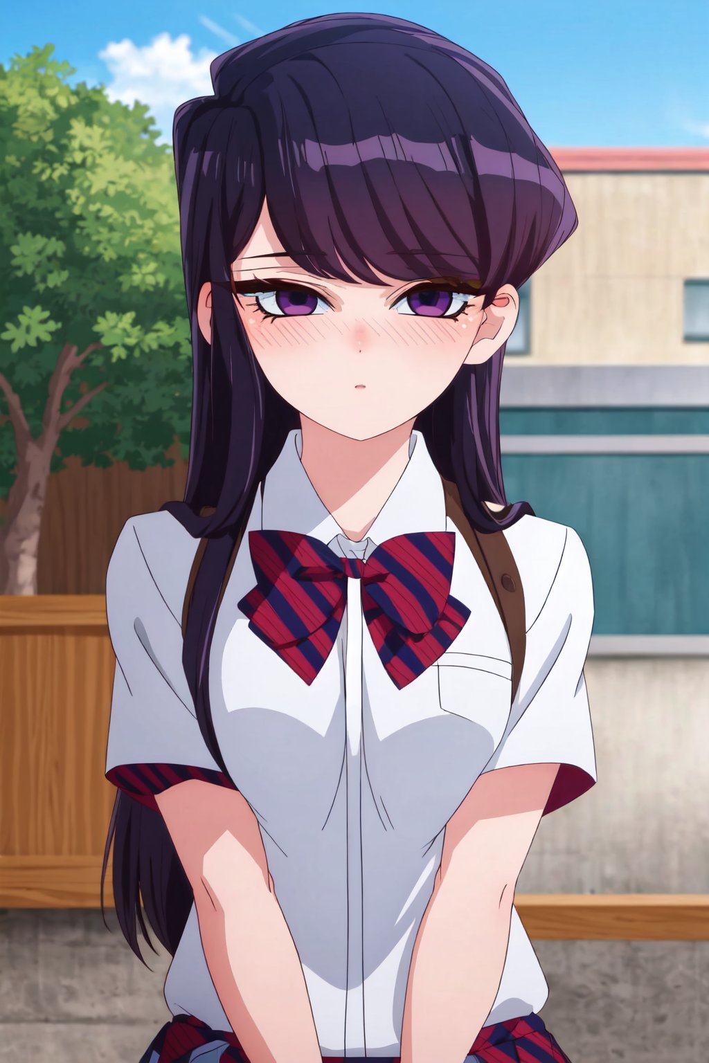 ShoukoKomi, Shouko Komi, (8k, high definition), upper body, loose hair, long eyelashes, loose hair, long hair, long sideburns, purple eyeliner, perfect eyes, embarrassed, blushing, high definition, eyes highly detailed, highly detailed, school uniform, looking_at_viewer<lora:EMS-333743-EMS:1.000000>