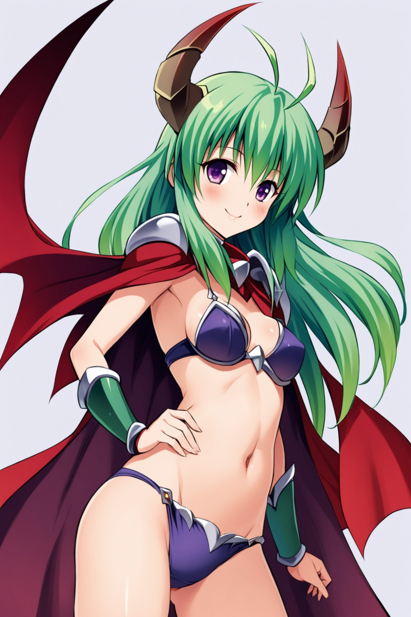 run elise jewelria,1girl,solo,horns,smile,breasts,navel,green hair,long hair,antenna hair,cape,looking at viewer,bikini armor,demon girl,purple eyes,medium breasts,demon horns,hand on own hip,panties,underwear,armor,white background,blush,simple background,<lora:Yabuki Kentarou_XL_netaArt:0.8>,