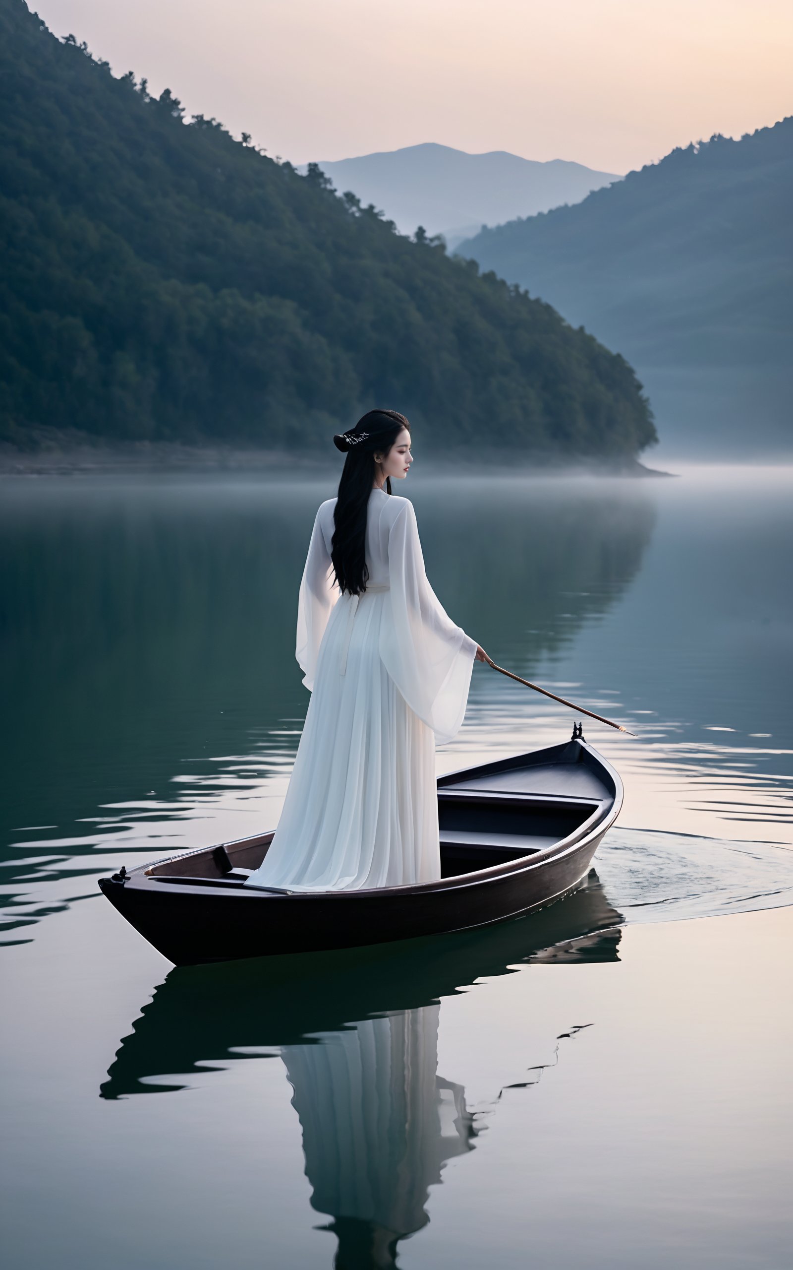 A serene scene unfolds as a lone girl stands on a sleek watercraft in the midst of a tranquil lake,her long,raven-black hair gently swaying in the breeze. She wears a flowing white robe that cascades down her form like a cloud,its edges dancing with the wind. The watercraft glides silently through the misty veil surrounding her,the mirrored water reflecting the ethereal glow of the scene. Smoke swirls around the boat,creating an otherworldly atmosphere that shrouds her in mystery.,good hands,anatomical hands,perfect hands,