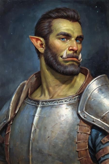 score_9, score_8_up, score_7_up, rating_safe, traditional media, realistic, 1boy, solo, male focus, mature male, orc, green skin, tusks, blue eyes, short hair, black hair, facial hair, beard, mustache, looking at viewer, armor, shoulder armor, breastplate, pauldrons, upper body, closed mouth, standing, outdoors, night, night sky, dark background <lora:Oil Gothic Painting Style SDXL_LoRA_Pony Diffusion V6:1>