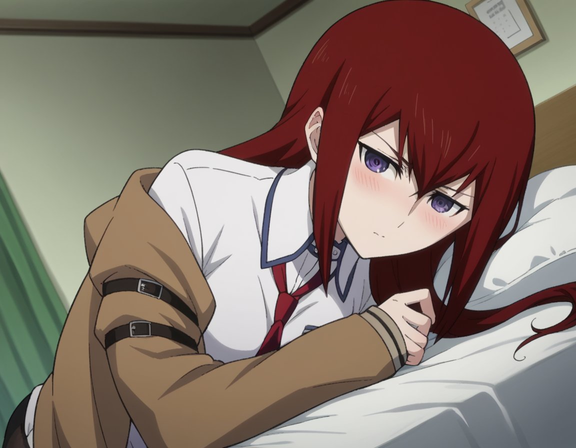 score_9, score_8_up, score_7_up, source_anime,kurisumakise, <lora:kurisu-makise-s1-ponyxl-lora-nochekaiser:1>,kurisu makise, hair between eyes, hair over shoulder, long hair, purple eyes, red hair, straight hair,black pantyhose, black shorts, brown coat, coat, collared shirt, long sleeves, necktie, pantyhose, pantyhose under shorts, shirt, short shorts, shorts, sleeves past wrists, white shirt, wing collar,indoors, bed, bed room, on side, blush, drunk,looking at viewer, cowboy shot, solo, dutch angle,